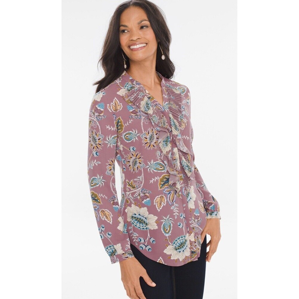 Chicos Ruffle Floral blouse Jacobean Bouquet Pleated XL Too Long Sleeve 3 NWOT